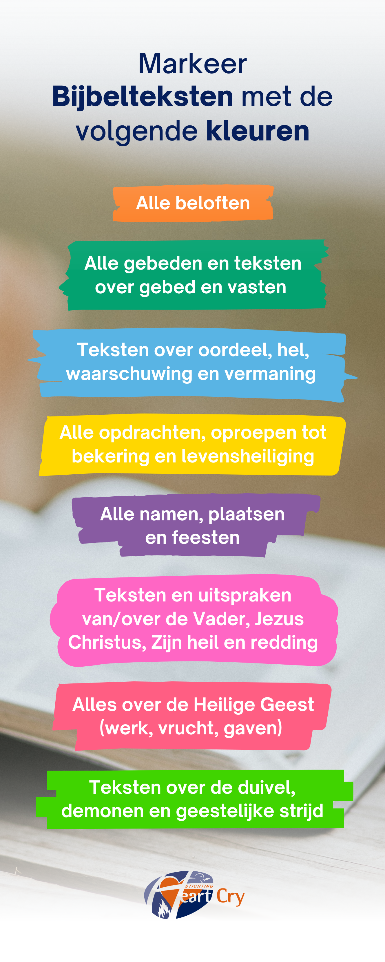 Boekenlegger met Bijbel markeersysteem en kleurcodes voor persoonlijke Bijbelstudie